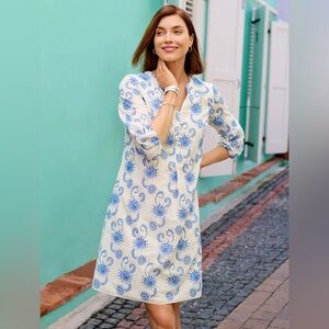 Talbots White Blue Eyelet Puff Sleeve Dress Sz 10